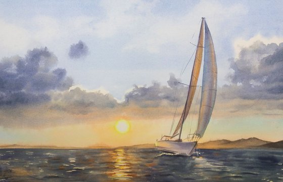 Sailboat - Yacht Art  - seascape - sea and sky - yacht -  sunset