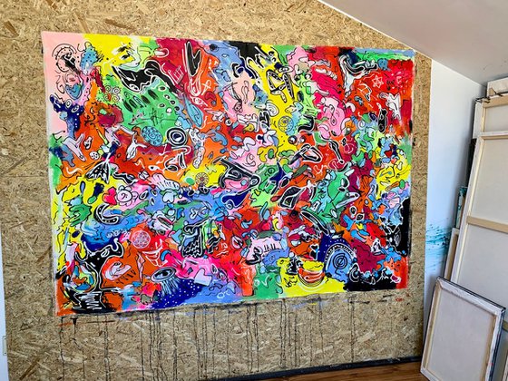 78''x53''(200x135cm), Life in Colors 11, blue, pink, cream, green black, texture, land earth colors canvas art  - xxxl art - abstract art painting- extra large art