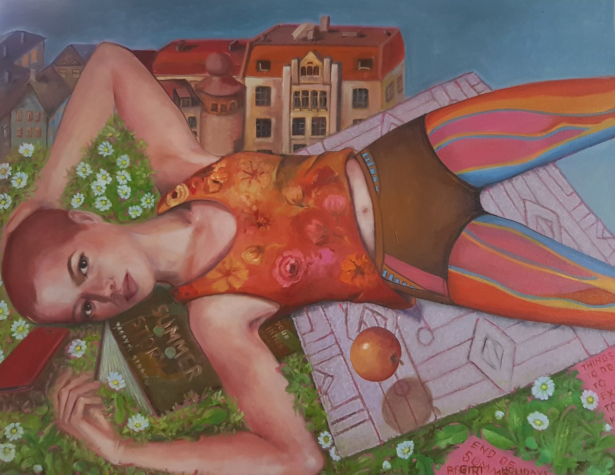Surrealistic Portrait Oil Painting By Gitti Gv, 36 X 28, Her Summer, Original Artwork