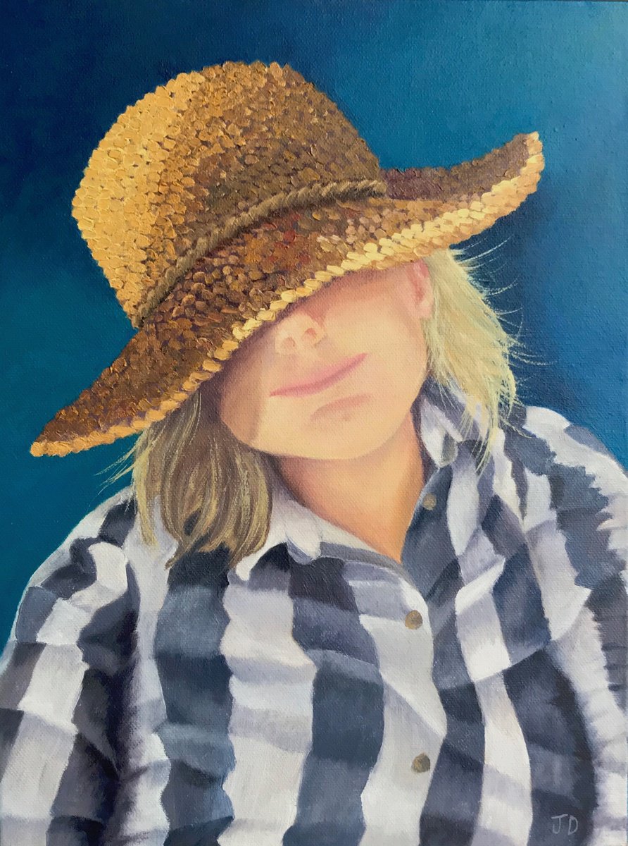 Photorealistic Portrait Oil Painting By Jane Denton, 12 X 16, Girl In A Straw Hat, Original Artwork