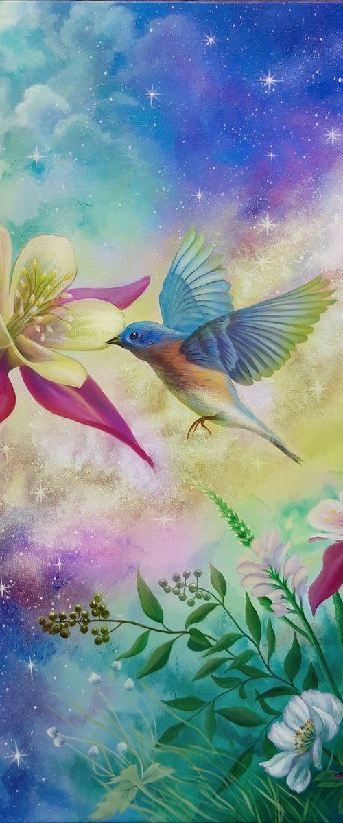 "Blossoming of life", nature floral painting, birds art, milky way by Anna Steshenko