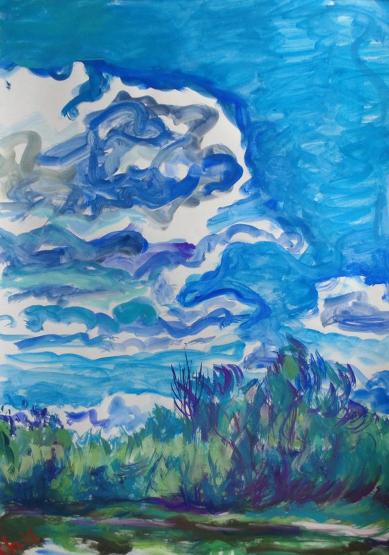 The sky above the river. Gouache on paper. 43 x 61 cm