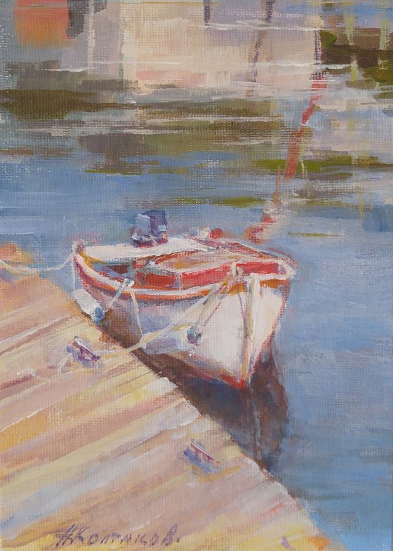 White moored boat (5x7x0.1'') (framed 8.7x7x0.5")