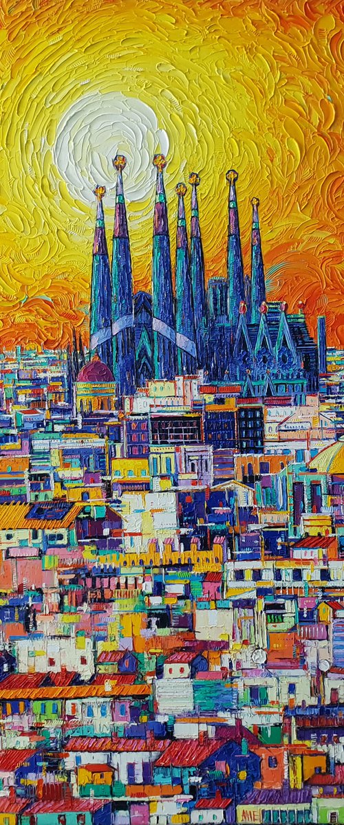BARCELONA ABSTRACT CITYSCAPE FIERY SUNSET OVER SAGRADA FAMILIA textural impasto palette knife oil painting by Ana Maria Edulescu by ANA MARIA EDULESCU