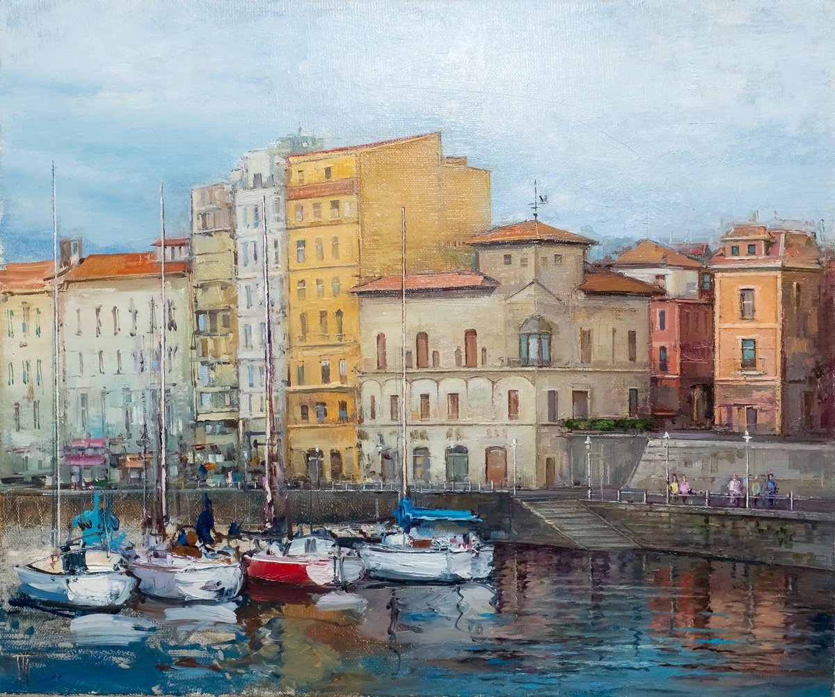 Impressionistic Cityscapes Oil Painting By Hennadii Penskyi, 20 X 17, Port Of Gijon, Original Artwork
