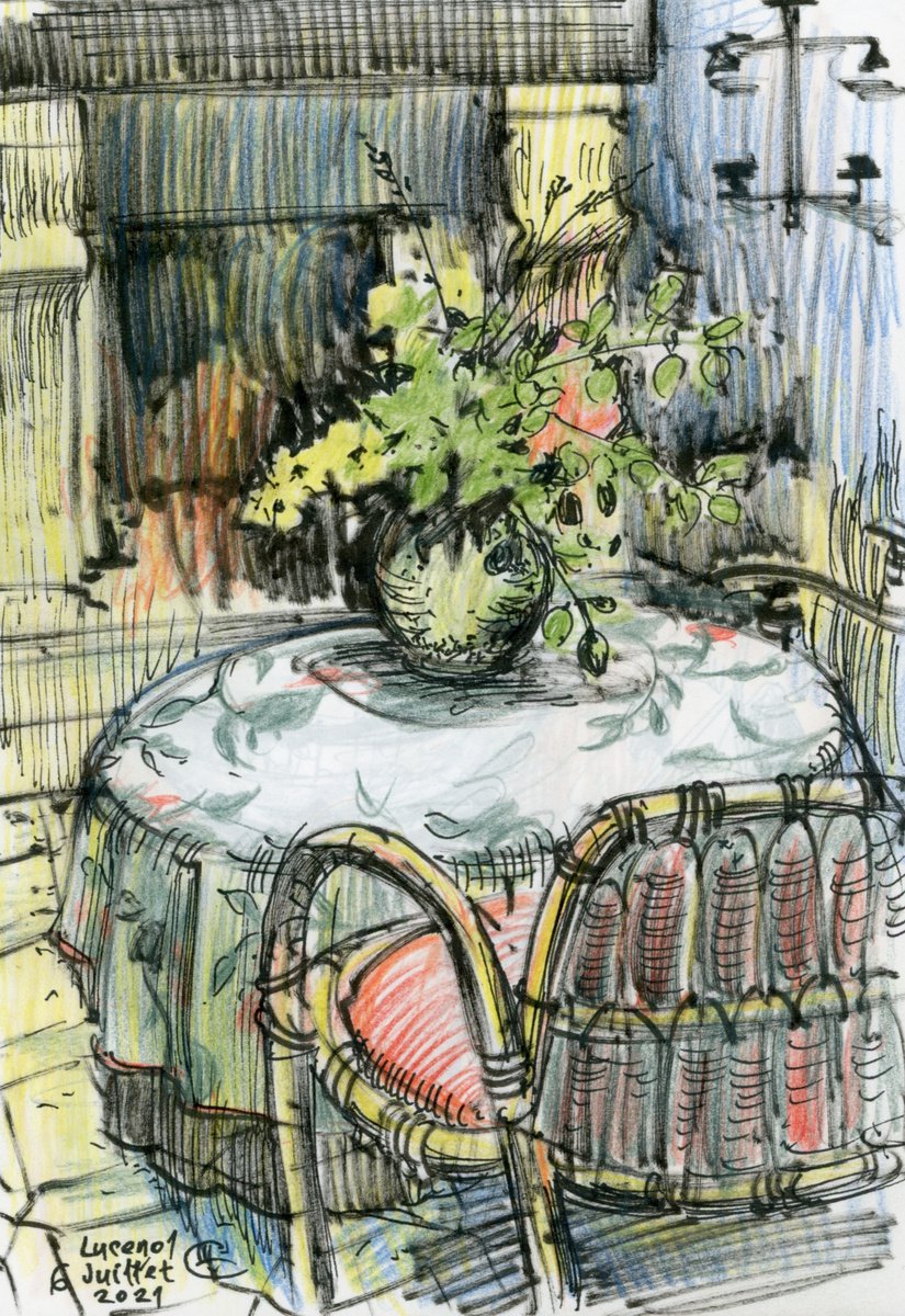 Rustic interior with a fireplace and a bouquet of flowers. by Tatyana Tokareva