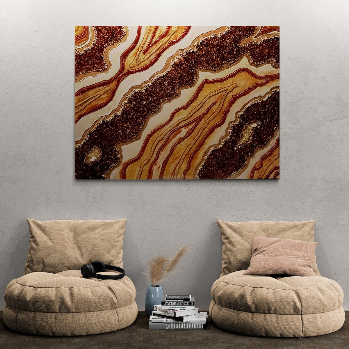 Organic Abstract Painting By Jane Biven, 48 X 36, Amber Geode, Original Artwork