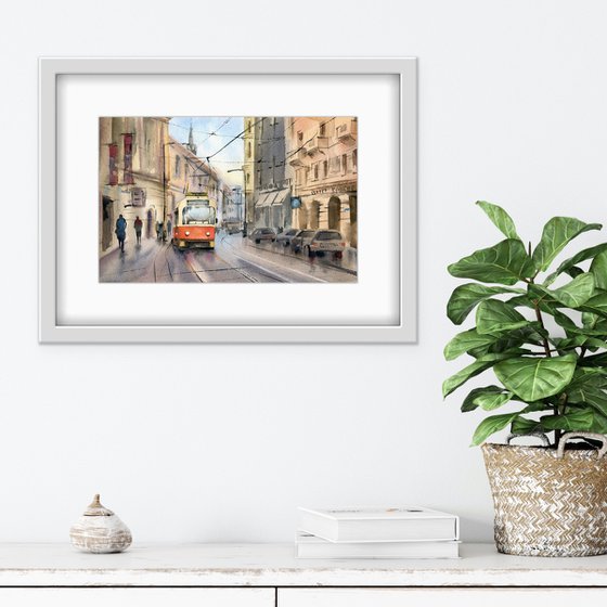 City landscape with a red tram. Saint Petersburg. Original watercolor artwork.