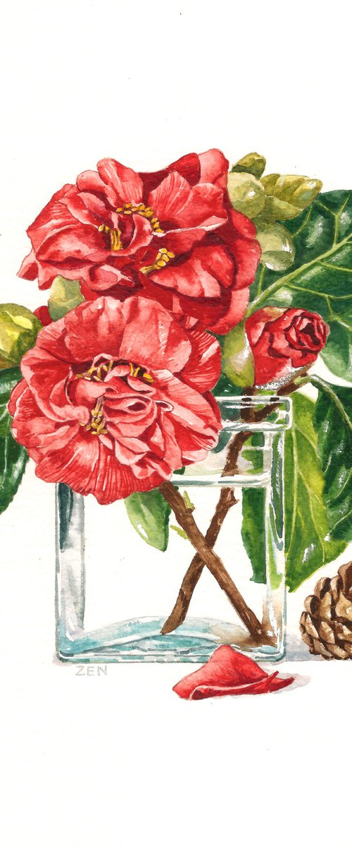 Camellias and Fir Cone by Zoe Elizabeth Norman