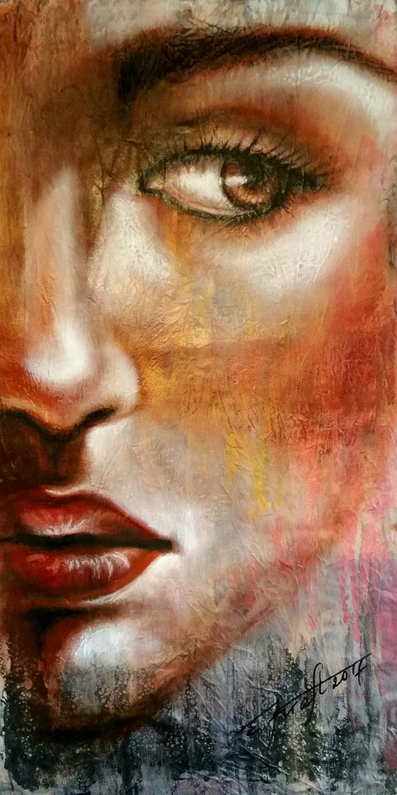 "Golden eye" Original oil large painting on fabric 45x85x2cm.ready to hang