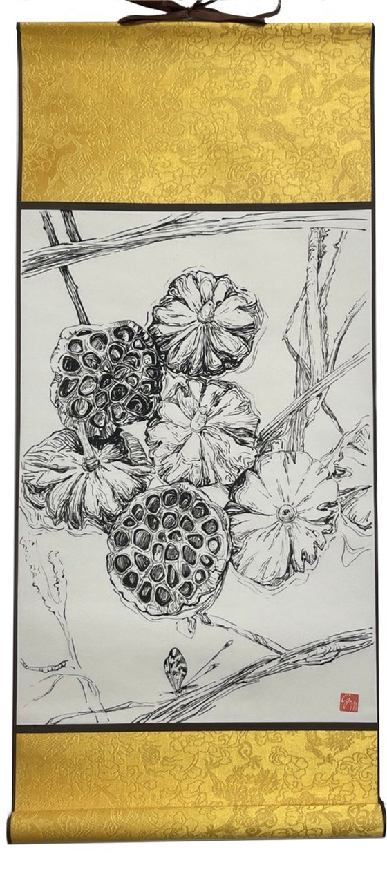 Lotus pods on scroll paper