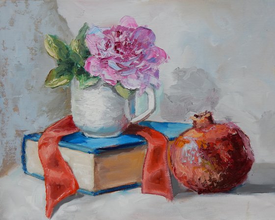 Teacups, Peony flower, Books and pomegranate.