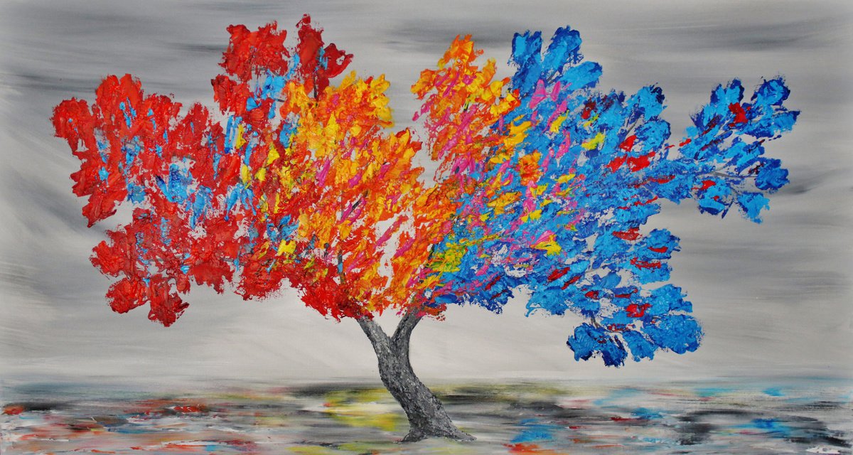 Painting Tree blue red, yellow,tree,christmas sale was 945 USD now 795 USD. by Viorel Scoropan