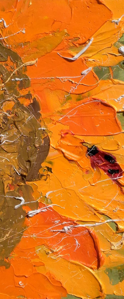 Sunflower Painting Floral Original Art Flower Small Oil Impasto Palette Knife Artwork 6 by 6 inches by Halyna Kirichenko by Halyna Kirichenko