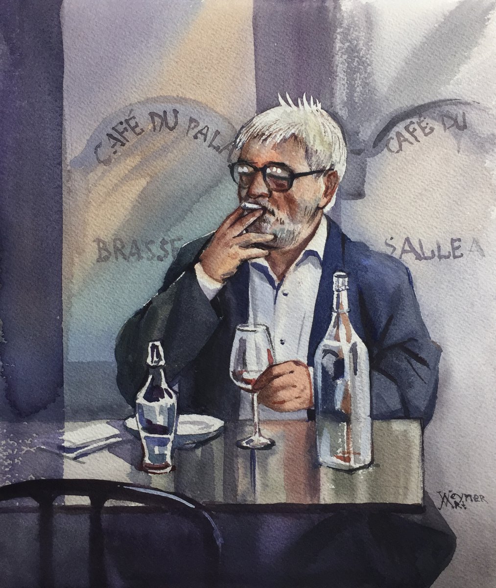 A visitor to a Parisian cafe. Cafe in Paris painting. by Natalia Veyner