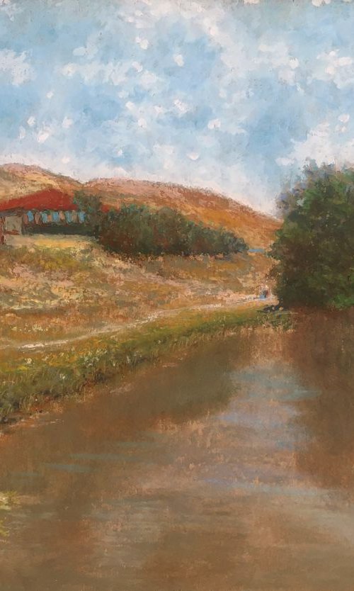 House with a red roof on the shore of the pond by Albert Safiullin
