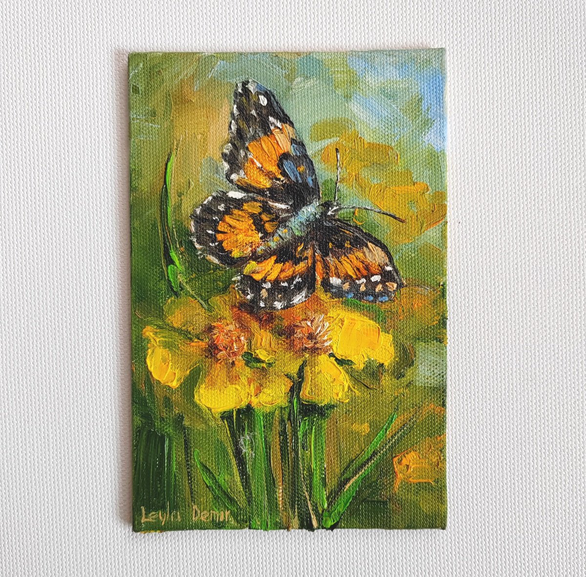 Butterfly on yellow flower oil painting Monarch butterfly picture 4x6 by Leyla Demir