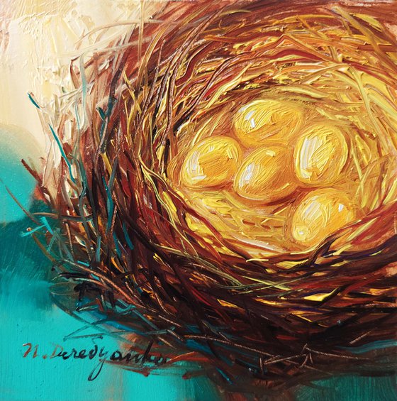 Golden eggs miniature oil painting wall art framed, Nest oil painting original 4x4 in frame,