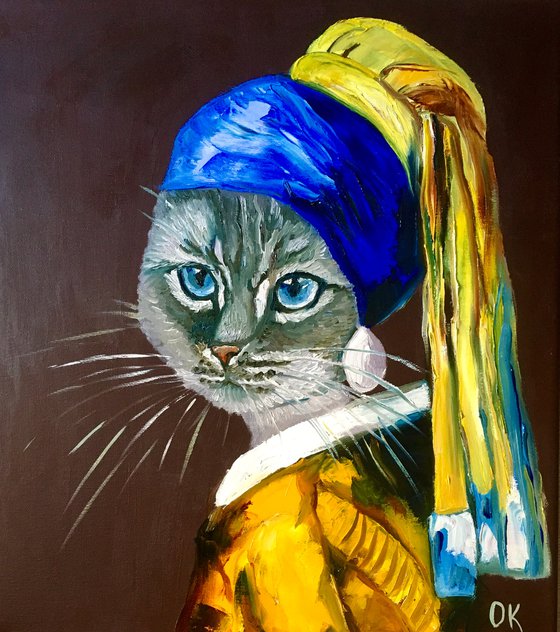 British blue Cat with the pearl earring inspired by Vermeer painting feline art for cat lovers gift idea