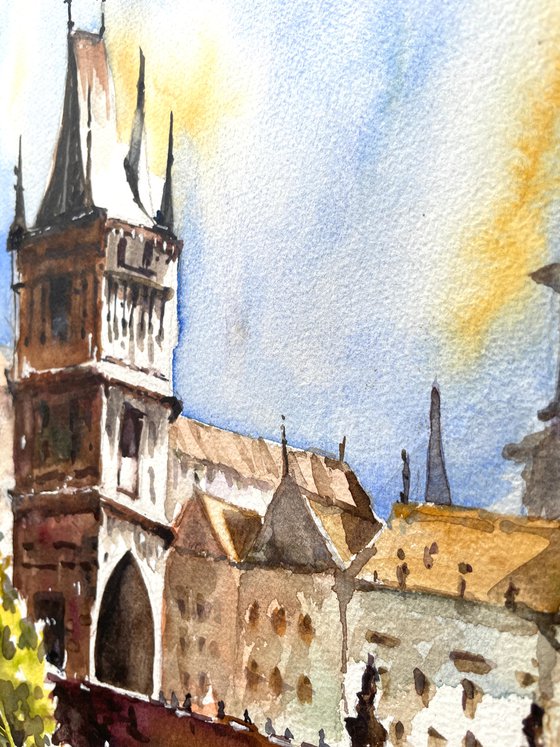 Charles Bridge - Prague Cityscape with Watercolour