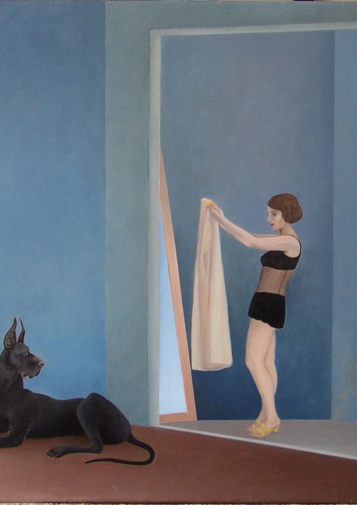 Sea house interior with great dane and girl by Cecco Mariniello
