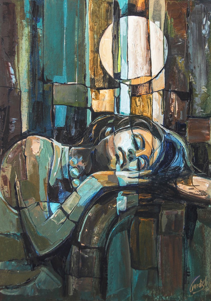 Abstract Still Life Acrylic Painting By Artist Gurdish Pannu, 18 X 26, Woman Painting-The Blue Moon, Original Artwork