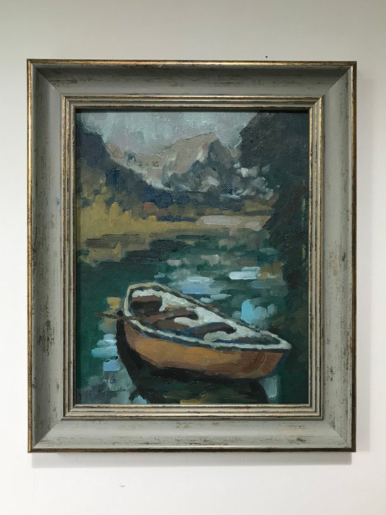 Original Oil Painting Wall Art Signed unframed Hand Made Jixiang Dong Canvas 25cm × 20cm Landscape Boat Seealpsee Lake Switzerland Small Impressionism Impasto