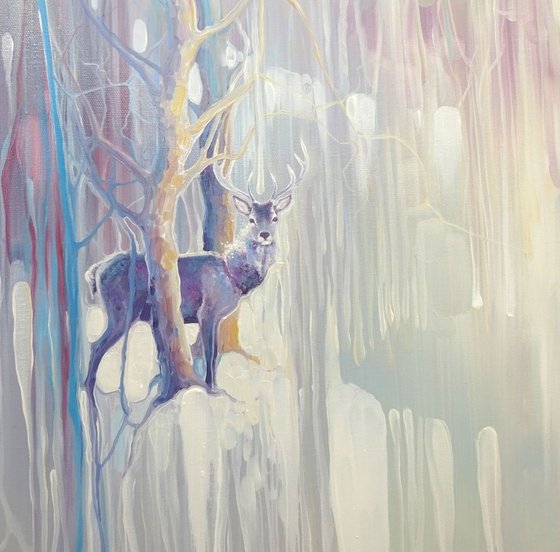 White Winter Hart - large original oil painting of a white hart deer stag in a semi abstract winter landscape