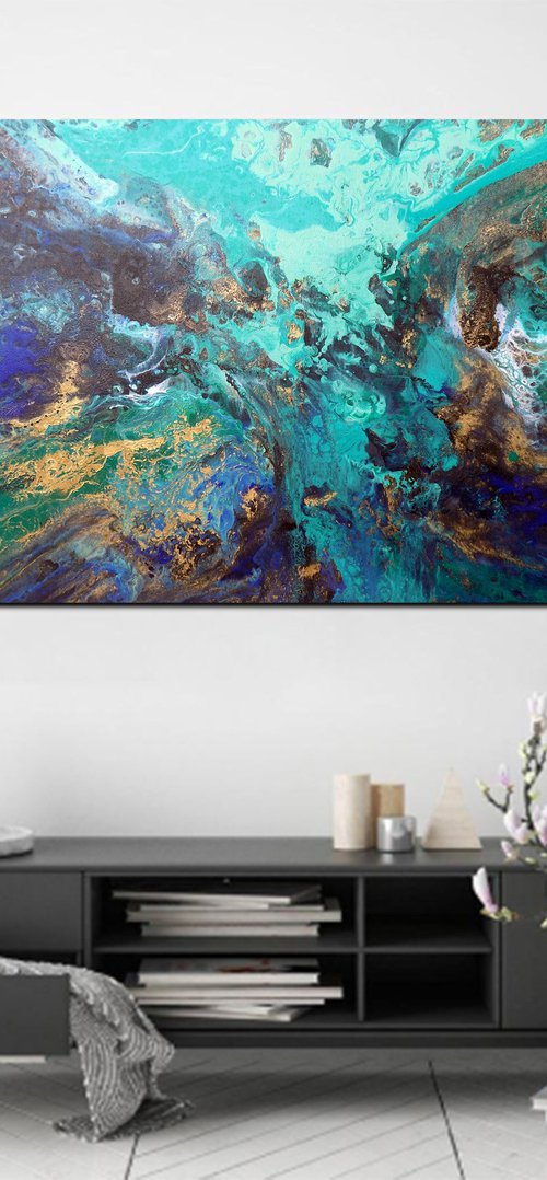 Αbstract painting art blue green gold metallic - Τide by Areti Ampi