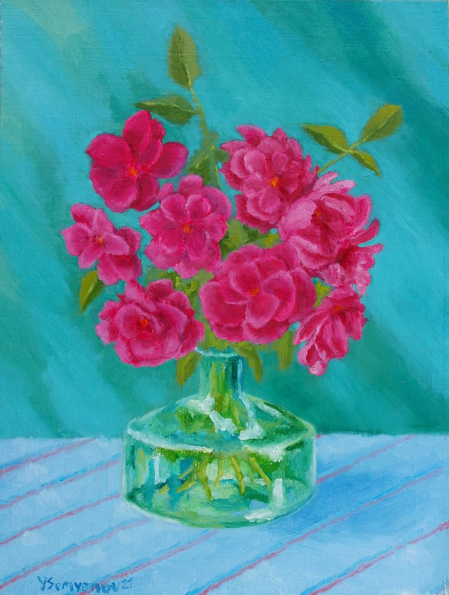 Impressionistic Botanical Oil Painting By Juri Semjonov, 12 X 16", My Garden Roses 2, Original Artwork