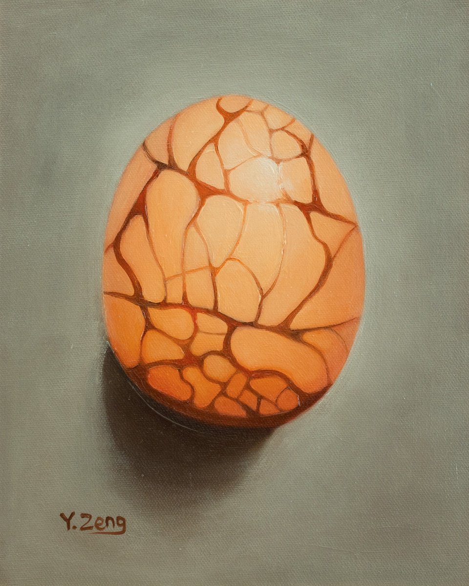 Photorealistic Still Life Oil Painting By Yue Zeng, 8 X 10", One Tea Egg, Original Artwork