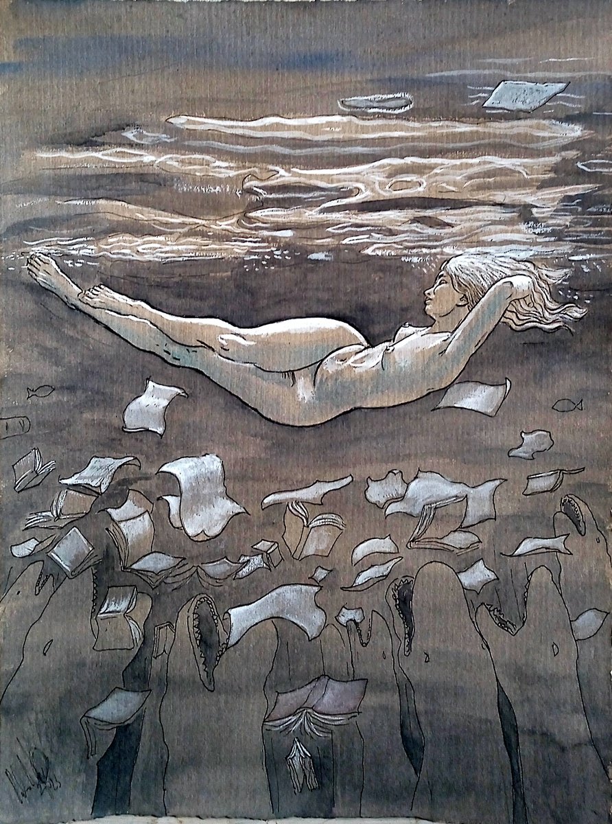 Illustrative Portrait Ink Drawing By Paolo Beneforti, 10 X 13", Creatures Of The Deep, Original Artwork