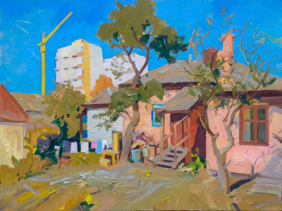 Impressionistic Cityscapes Oil Painting By Victor Onyshchenko, 31 X 24", Autumn. Familiar Courtyard, Original Artwork