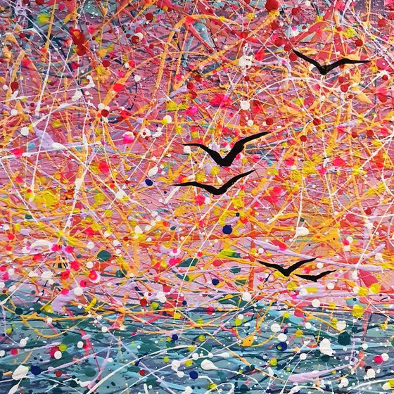 Bright sunrise Ready to hang Flying birds Pink yellow down Bright life Pollock style Abstract sky