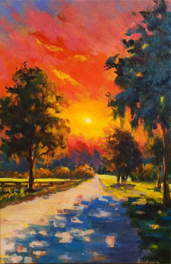 Sunrise landscape road trees