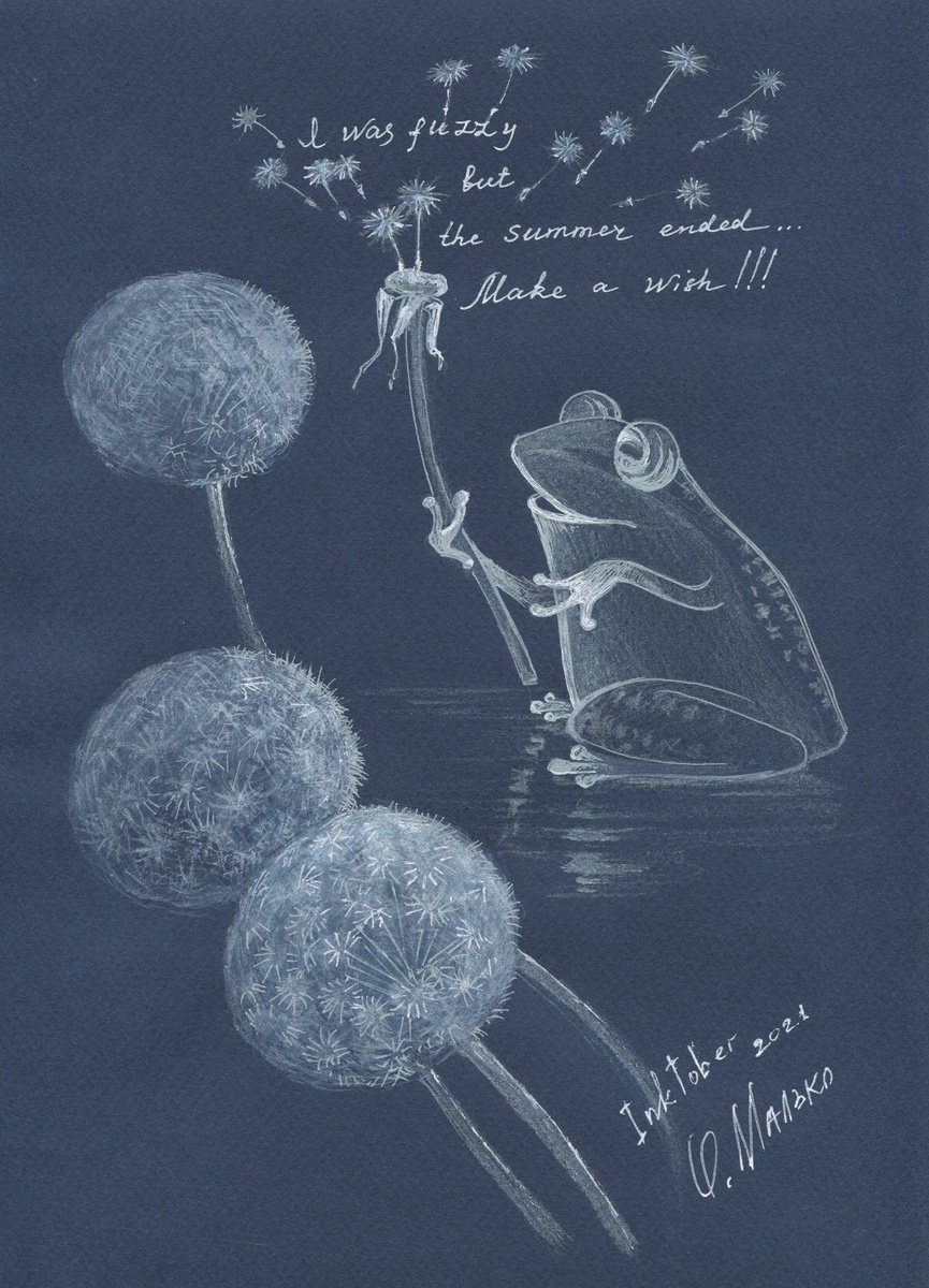 Frog and fuzzy dandelion puffs / Make a wish Funny picture Original art work by Olha Malko