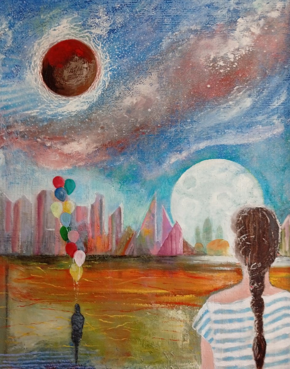 Geometric Landscape Oil Painting By Gokhan Alpgiray, 31 X 39, Geometric City Landscape, Original Artwork