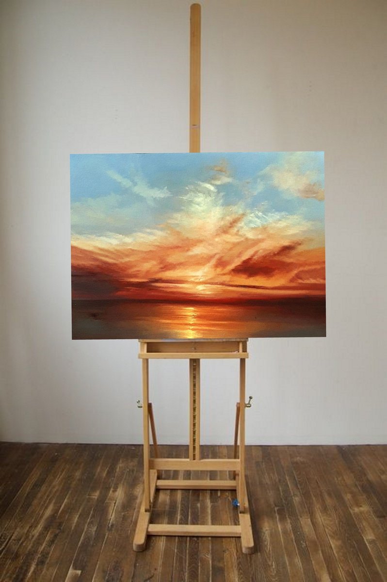 Photorealistic Landscape Oil Painting By Olena Topliss, 22 X 18", A Few Wispy Clouds Over Ocean", Original Artwork