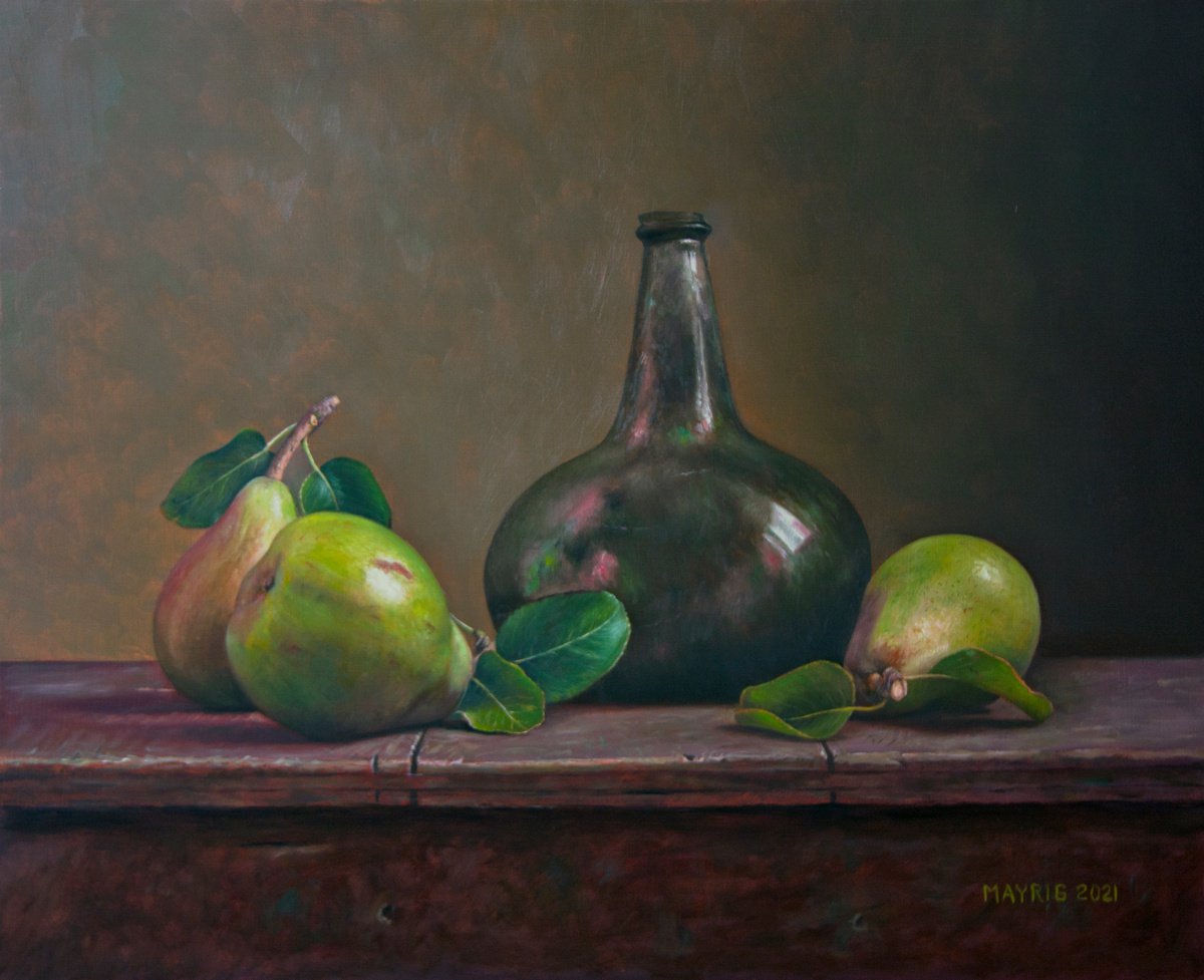 Photorealistic Oil Painting , Pears & Old 17Th Century Wine Bottle By Mayrig Simonjan, 20 X 16, Artwork For Sale On Artfinder