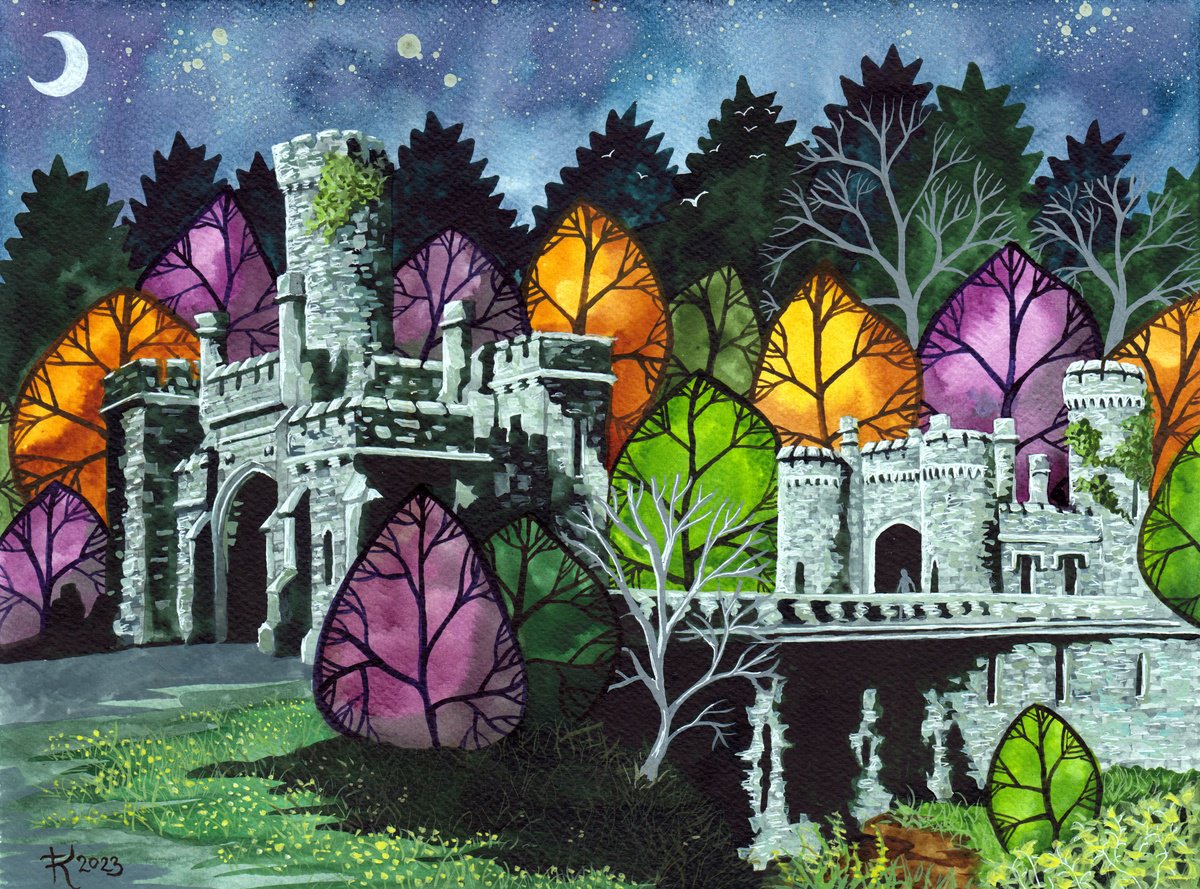 Illustrative Cityscapes Painting By Terri Smith, 16 X 20", Ballysaggartmore Castle Gates, Original Artwork