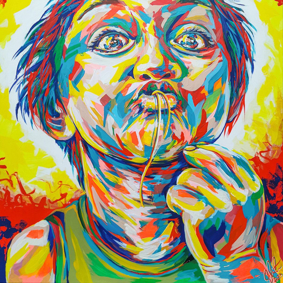 Urban And Pop Acrylic Painting , Basil Linguine By Carographic By Carolyn Mielke, 39 X 39, Artwork For Sale On Artfinder