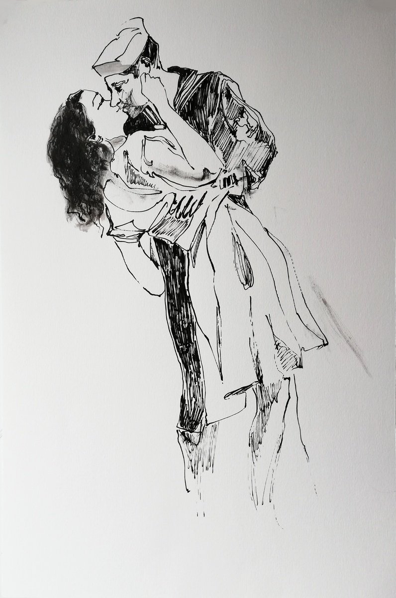 Impressionistic Portrait Ink Drawing By Jelena Djokic, 14 X 21, Harbor People: Happy Encounter, Original Artwork