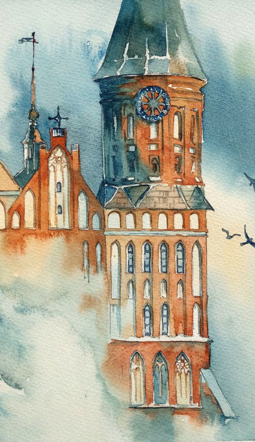 Architectural landscape "Kaliningrad. Clock Tower" original watercolor artwork by Ksenia Selianko