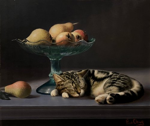 Sleeping Cat and Pears by Paul Cheng