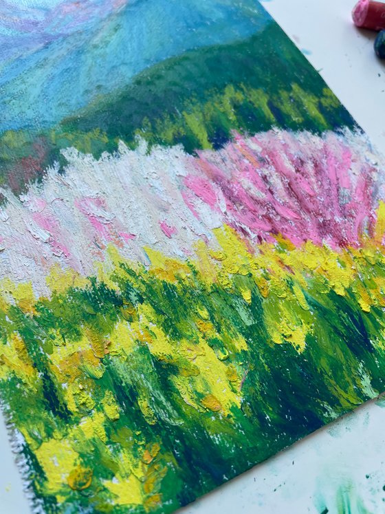 Mountain Original Painting, Flower Oil Pastel Drawing, Sunny Landscape Artwork, Nature Wall Art