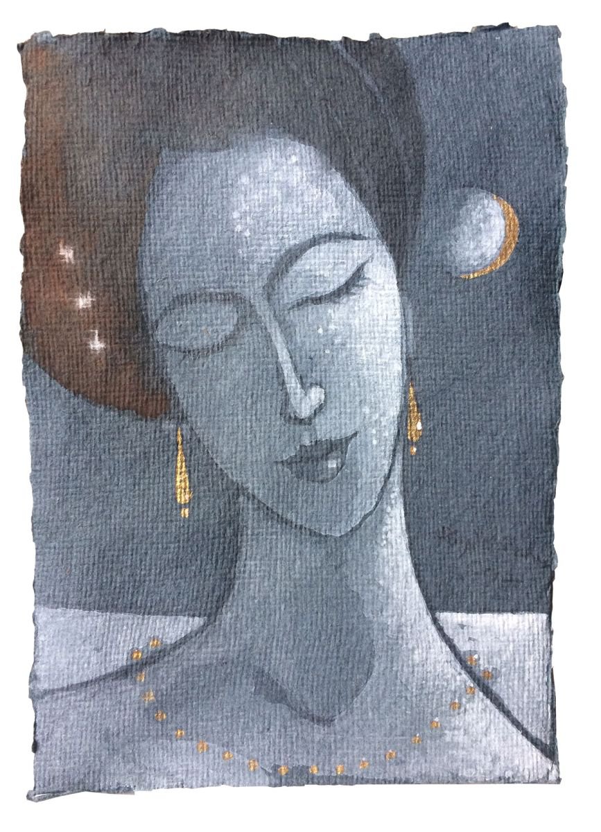 Woman thinking of the Moon and Three Stars by Phyllis Mahon