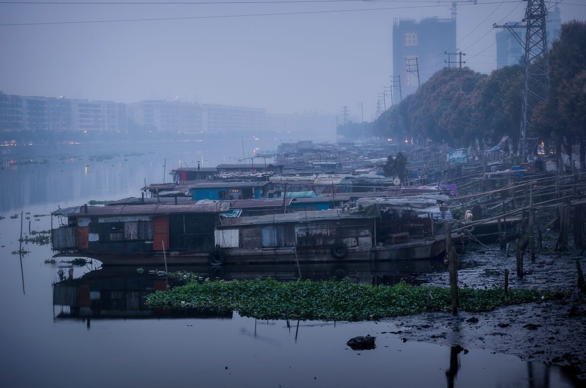 Photorealistic Cityscapes Photograph By Serge Horta, 48 X 32", Houseboats In The Fog, Original Artwork