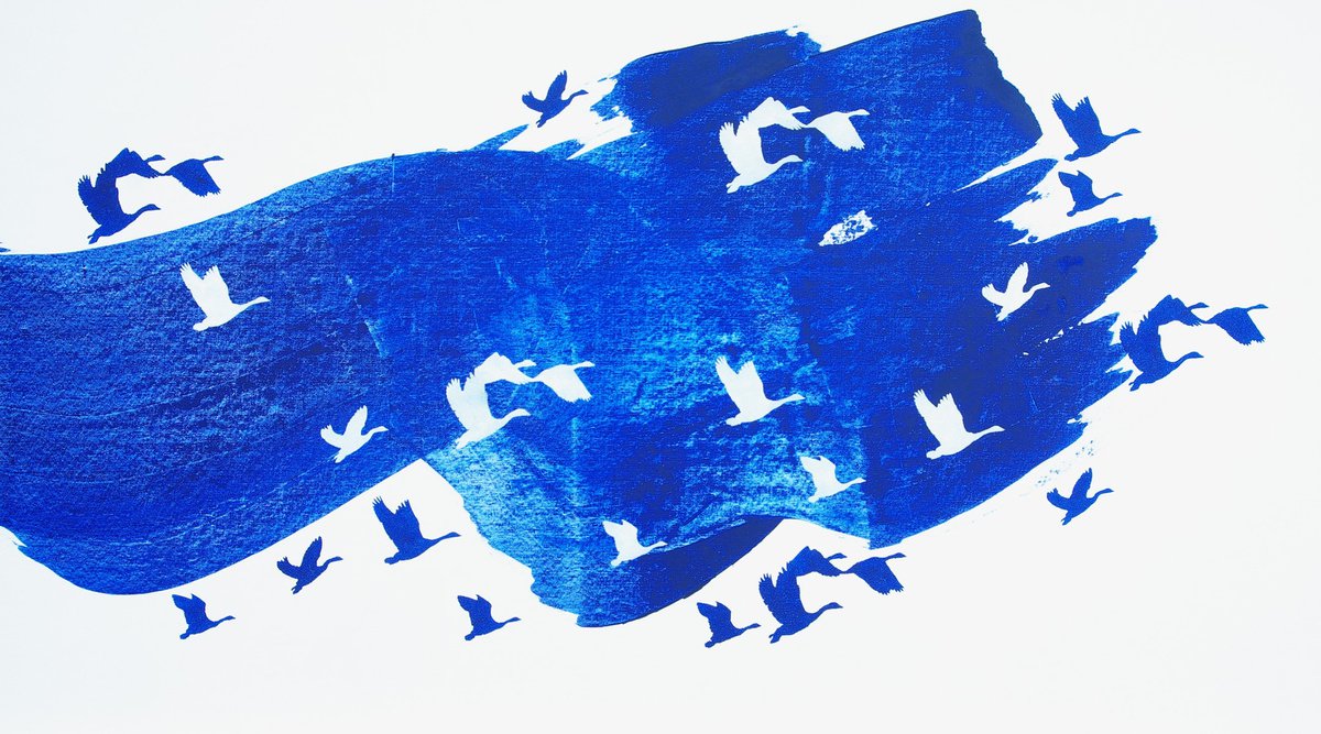 Blue and white geese, large modern contemporary bird painting by oconnart