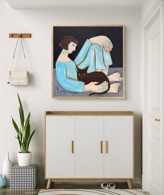 Lady and Cat with big hands and feet