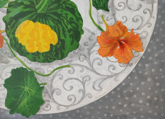 Courgette and two decorative pumpkins
